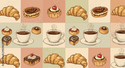 Delicious croissants and coffee with sweet rolls and pastries breakfast bakery food and drink illustration art 100