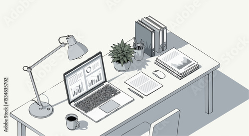 Workspace office desk laptop computer business interior workplace modern technology work from home setup 100 char