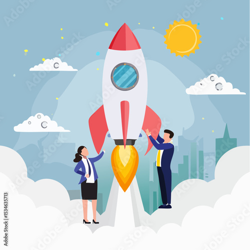 Success achievement, boost growth development to reach target, leadership to win business challenge, startup, entrepreneur or ambition to win, businessman riding fast rocket to reach success sta