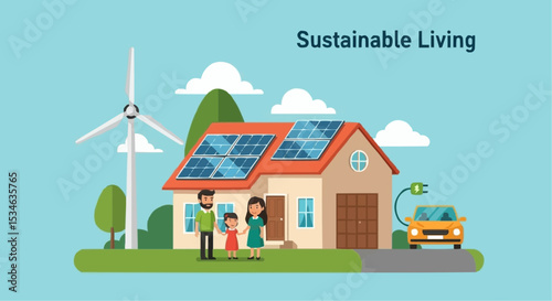 Sustainable living with renewable energy sources like solar panels and wind turbine for a greener future
