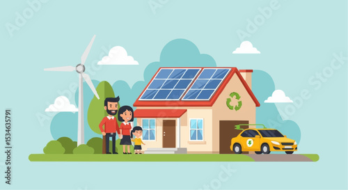 Eco friendly family home with solar panels wind turbine and electric car for sustainable living concept image
