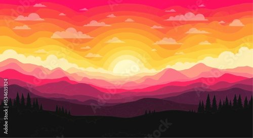 Sunset landscape mountains nature sky clouds trees background vector illustration scenery wallpaper design art
