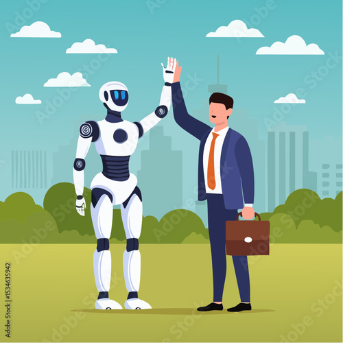 Working together with AI Artificial Intelligence, human cooperate with machine or robot, AI help or support coworker, assistance or partnership concept, businessman hand high five with robot han