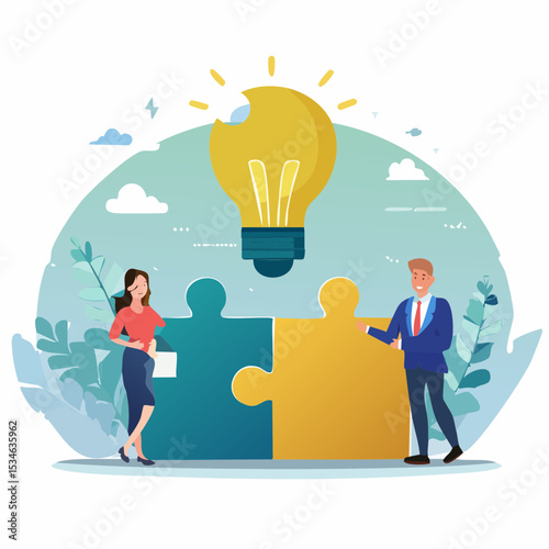 Idea brainstorming, cooperation or collaboration to get solution, teamwork or team meeting to develop idea together, employee participation concept, business people connect lightbulb jigsaw puzzl