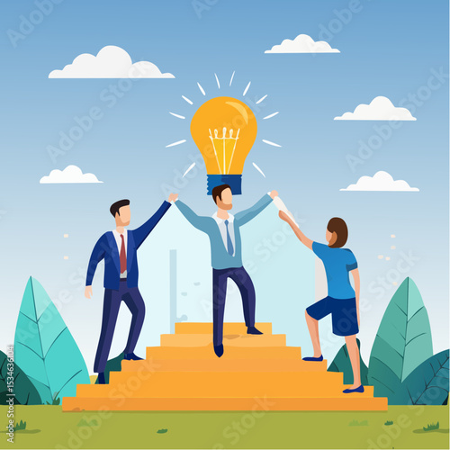 Team support help success, teamwork to progress and success together, company growth step or employee development, team achievement concept, business people team up holding hand help climb up stai
