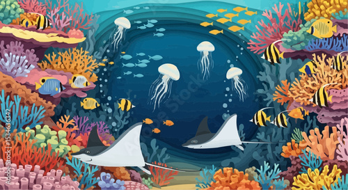 Underwater ocean life with coral reef fish stingrays and jellyfish a vibrant marine ecosystem illustration art