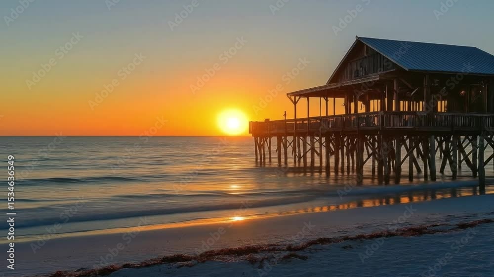 Wooden pier at sunrise over ocean Wooden pier at sunrise over ocean