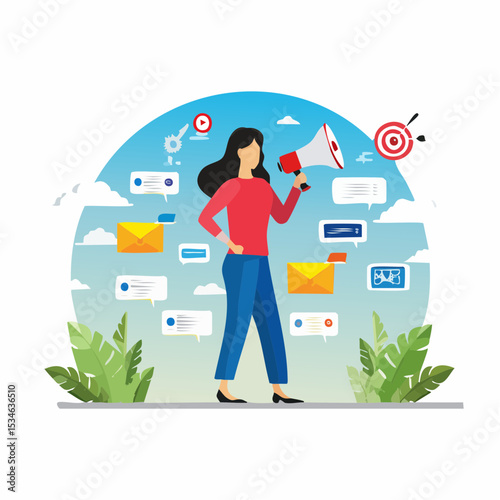 Marketing strategy, communication for online website, social media or market research, advertising, seo optimization or marketing campaign concept, woman speak on megaphone with marketing element
