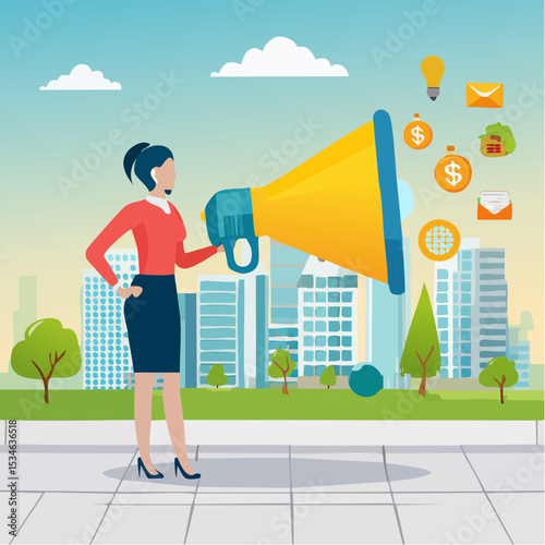 Marketing strategy, communication for online website, social media or market research, advertising, seo optimization or marketing campaign concept, woman speak on megaphone with marketing element