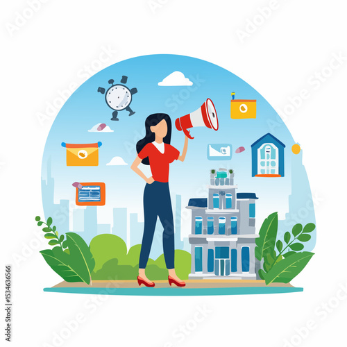 Marketing strategy, communication for online website, social media or market research, advertising, seo optimization or marketing campaign concept, woman speak on megaphone with marketing element