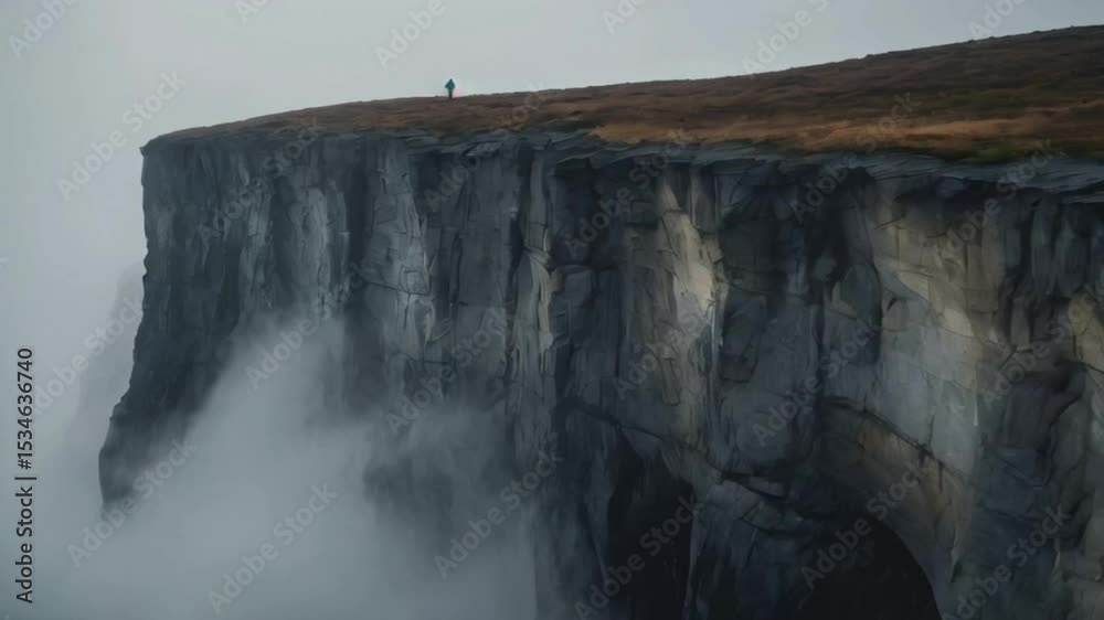 Photorealistic Scene of Lone Person Standing on Dark Stone Plateau Surrounded by Low-Hanging Fog
