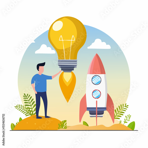 Entrepreneur business idea creating startup company, start new business with creativity, innovation, company founder, inventor or development, businessman connect lightbulb idea with launching rocket