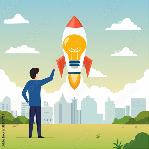 Entrepreneur business idea creating startup company, start new business with creativity, innovation, company founder, inventor or development, businessman connect lightbulb idea with launching rocket