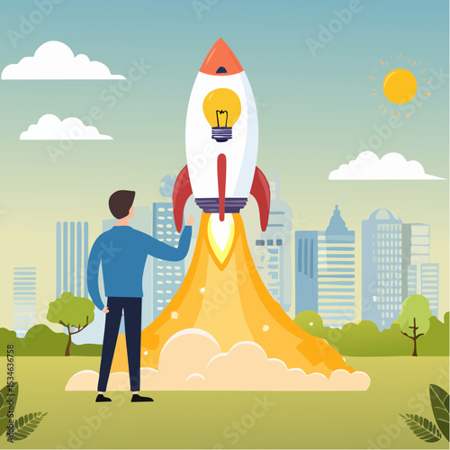 Entrepreneur business idea creating startup company, start new business with creativity, innovation, company founder, inventor or development, businessman connect lightbulb idea with launching rocket