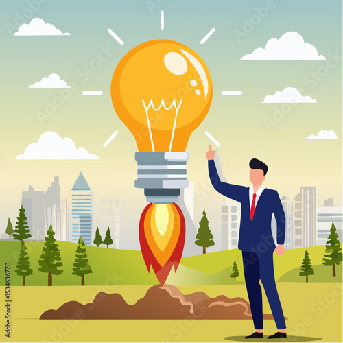 Entrepreneur business idea creating startup company, start new business with creativity, innovation, company founder, inventor or development, businessman connect lightbulb idea with launching rocket