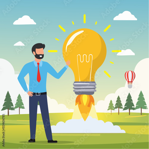 Entrepreneur business idea creating startup company, start new business with creativity, innovation, company founder, inventor or development, businessman connect lightbulb idea with launching rocket