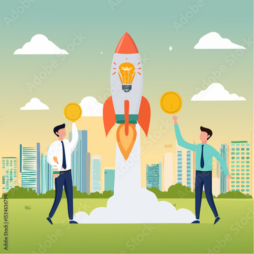 Entrepreneur business idea creating startup company, start new business with creativity, innovation, company founder, inventor or development, businessman connect lightbulb idea with launching rocket
