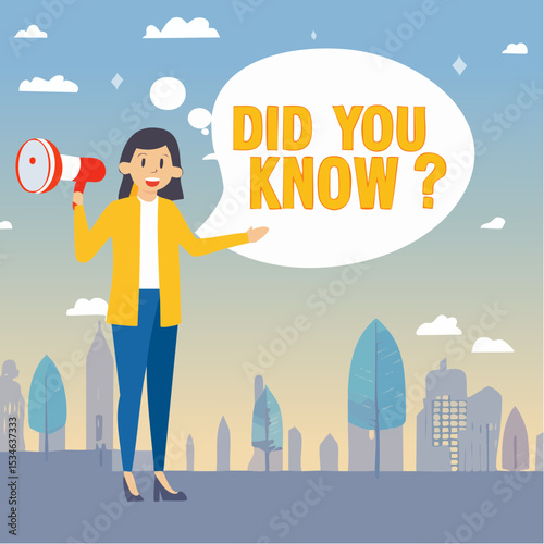 Did you know, fun fact, idea or advice message, useful knowledge or wisdom, expert information, explanation or solution, useful tips concept, woman talk on megaphone on did you know speech bubbl