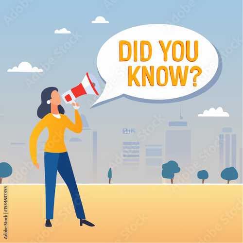 Did you know, fun fact, idea or advice message, useful knowledge or wisdom, expert information, explanation or solution, useful tips concept, woman talk on megaphone on did you know speech bubbl