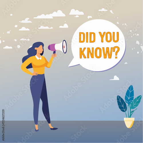 Did you know, fun fact, idea or advice message, useful knowledge or wisdom, expert information, explanation or solution, useful tips concept, woman talk on megaphone on did you know speech bubbl