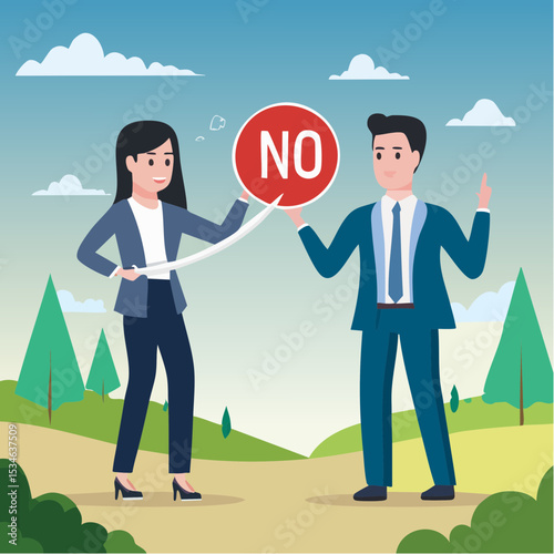 Yes, No argument or disagreement, conflict fight debate, dilemma, dispute or office rivalry war, struggle, negative discussion concept, businessman and woman arguing or fight with yes and no sig