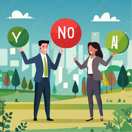 Yes, No argument or disagreement, conflict fight debate, dilemma, dispute or office rivalry war, struggle, negative discussion concept, businessman and woman arguing or fight with yes and no sig
