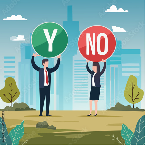 Yes, No argument or disagreement, conflict fight debate, dilemma, dispute or office rivalry war, struggle, negative discussion concept, businessman and woman arguing or fight with yes and no sig