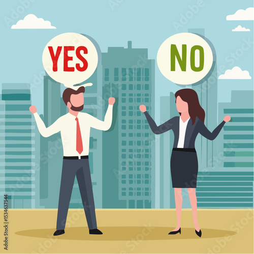 Yes, No argument or disagreement, conflict fight debate, dilemma, dispute or office rivalry war, struggle, negative discussion concept, businessman and woman arguing or fight with yes and no sig