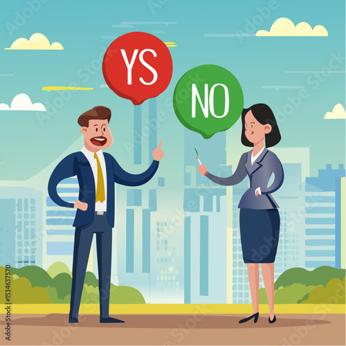 Yes, No argument or disagreement, conflict fight debate, dilemma, dispute or office rivalry war, struggle, negative discussion concept, businessman and woman arguing or fight with yes and no sig