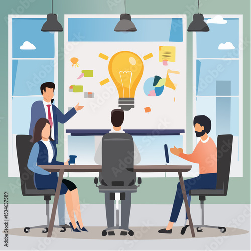 Workshop or business discussion, meeting or brainstorm new idea, training course class, Q and A, question and answer chat, business people in workshop meeting room with whiteboard and sticky note