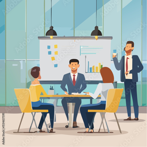 Workshop or business discussion, meeting or brainstorm new idea, training course class, Q and A, question and answer chat, business people in workshop meeting room with whiteboard and sticky note