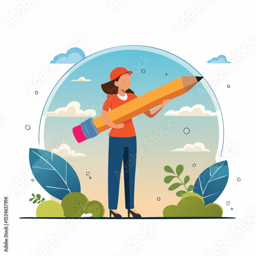 Project management or development plan, strategy or process to develop product, schedule or manage resource to achieve goal concept, businesswoman holding pencil with project management element