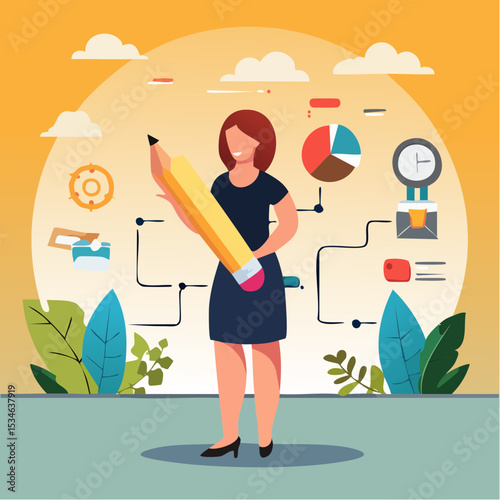 Project management or development plan, strategy or process to develop product, schedule or manage resource to achieve goal concept, businesswoman holding pencil with project management element