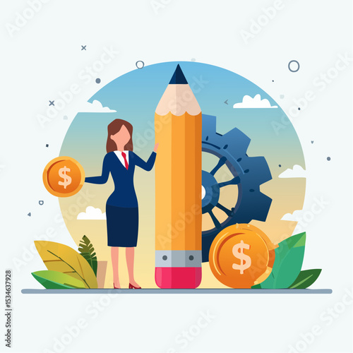 Project management or development plan, strategy or process to develop product, schedule or manage resource to achieve goal concept, businesswoman holding pencil with project management element