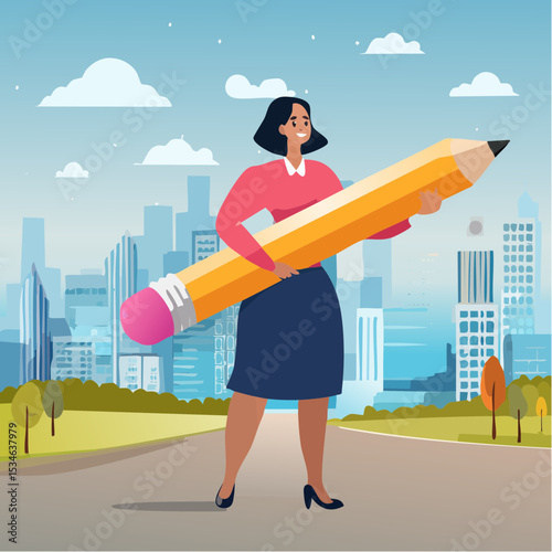 Project management or development plan, strategy or process to develop product, schedule or manage resource to achieve goal concept, businesswoman holding pencil with project management element