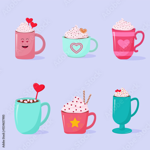 Collection of cups, mugs. Hot cocoa drinks, chocolate with whipped cream. For Valentine's Day, for New Year. Festive drinks. Vector illustration