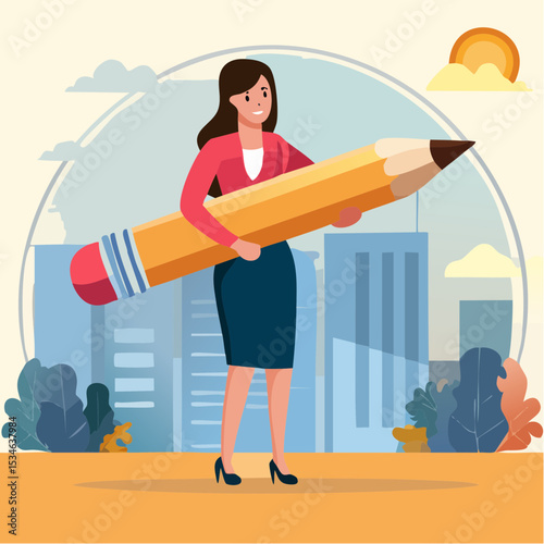 Project management or development plan, strategy or process to develop product, schedule or manage resource to achieve goal concept, businesswoman holding pencil with project management element