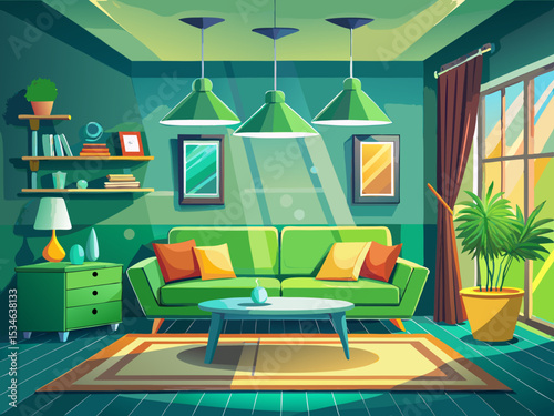 vector of Modern living room with green sofa, green wall, home interior design with bright lighting, aesthetics, comfort and style...