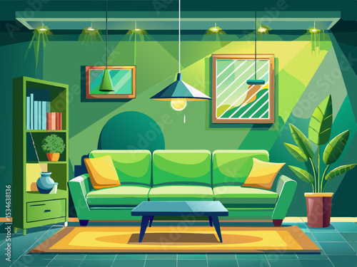 vector of Modern living room with green sofa, green wall, home interior design with bright lighting, aesthetics, comfort and style...