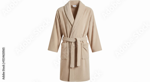 This high-quality image features a light beige terrycloth bathrobe with a shawl collar, long sleeves, a cinched tie belt, and patch pockets, all with fine details and suitable for vector use.