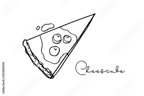  Bakery poster for shop, bake house, menu, cook Cheesecake with topping and berries, pastry sketch with lettering. Traditional twisted bread outline in doodle style. Fresh food snack logo. Typography 