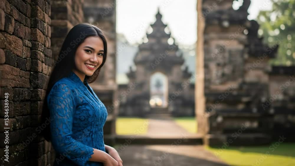 A woman in a blue dress smiles in front of a historic stone structure