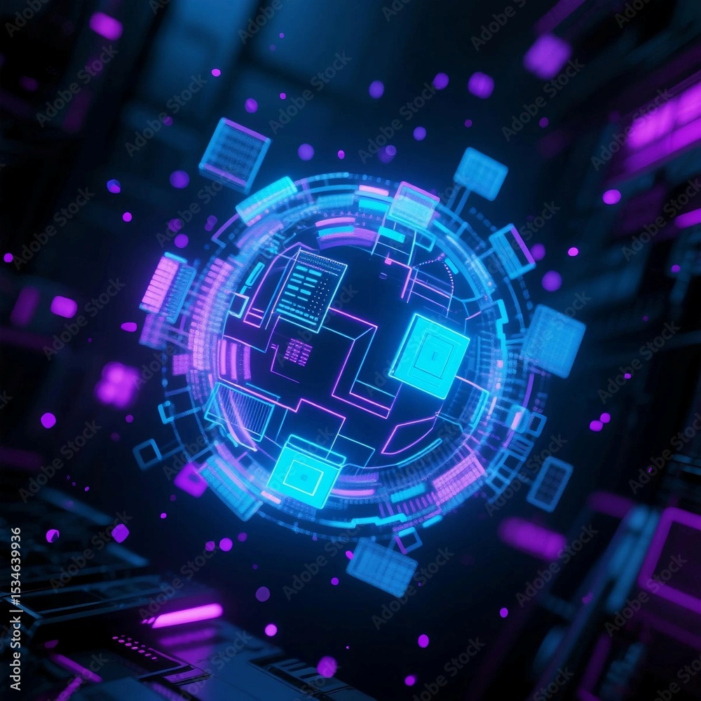 Fototapeta premium Futuristic Digital Data Sphere – Neon Blue and Purple Tech Visualization