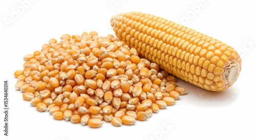 A pile of dried yellow corn kernels in a central location and a single corn ear with pale kernels and light brown silk, all finely detailed and suitable for vector use.