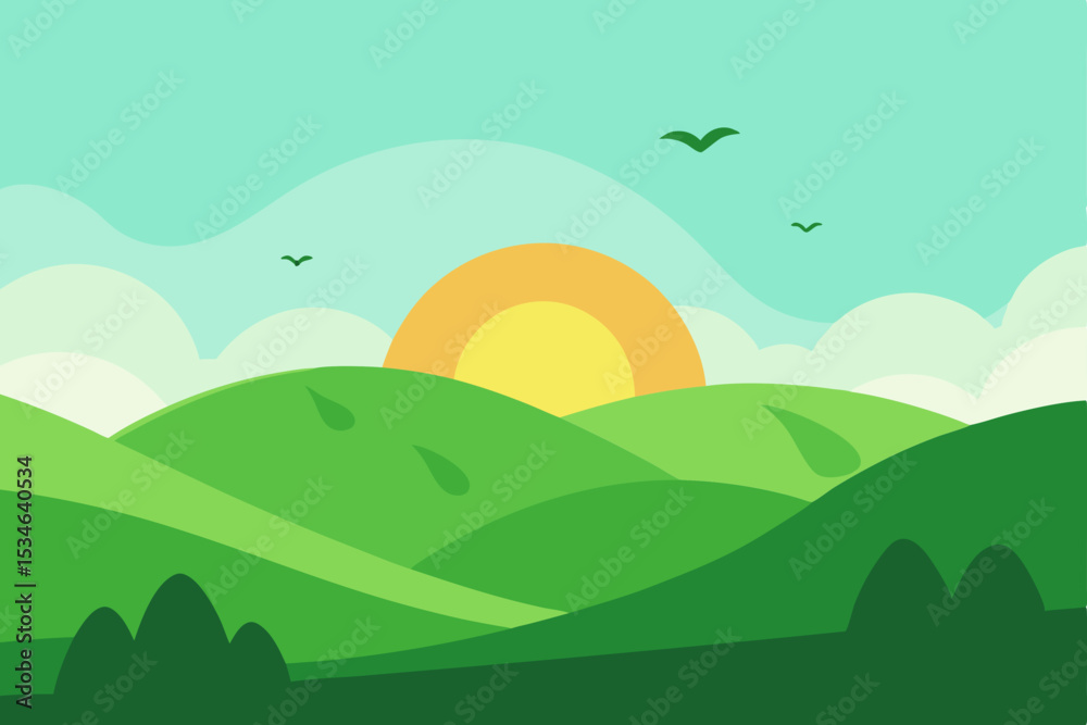 Fototapeta premium Serene Sunrise over Rolling Green Hills A Peaceful Landscape Illustration