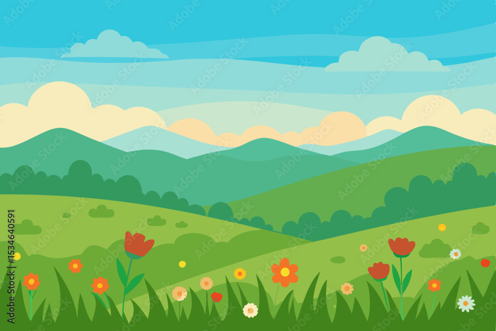 Fototapeta premium Serene Spring Landscape Rolling Hills, Blooming Flowers, and Sunny Skies