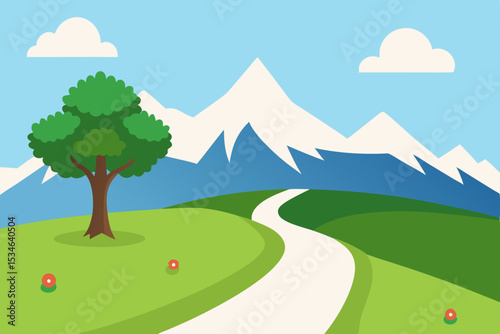 Serene Mountain Landscape Winding Road, Lush Green Hills, and Majestic Peaks