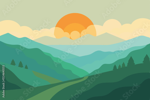 Serene Sunset Mountain Landscape A Breathtaking Vista of Rolling Hills and Verdant Peaks