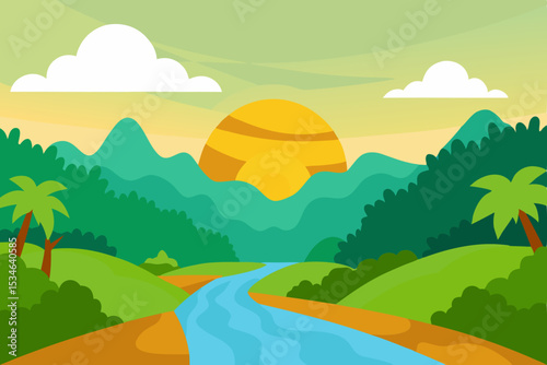 Serene Sunset Landscape River, Mountains, and Lush Greenery