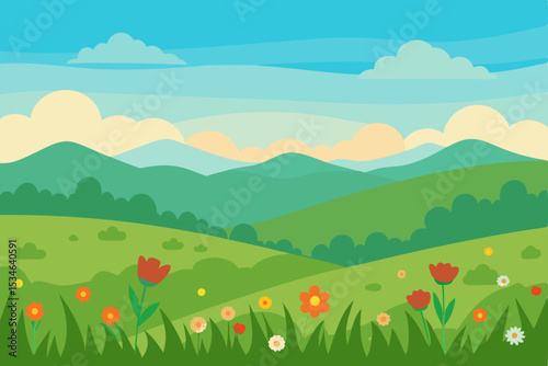 Serene Spring Landscape Rolling Hills, Blooming Flowers, and Sunny Skies